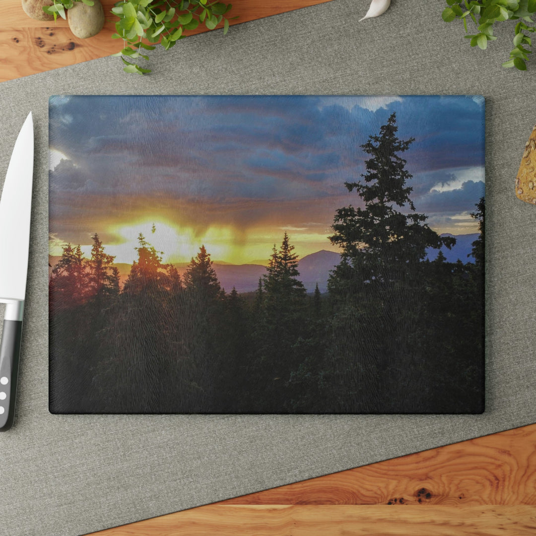 Rainy Sunset Through the Trees - Glass Cutting Board - Visiting This World