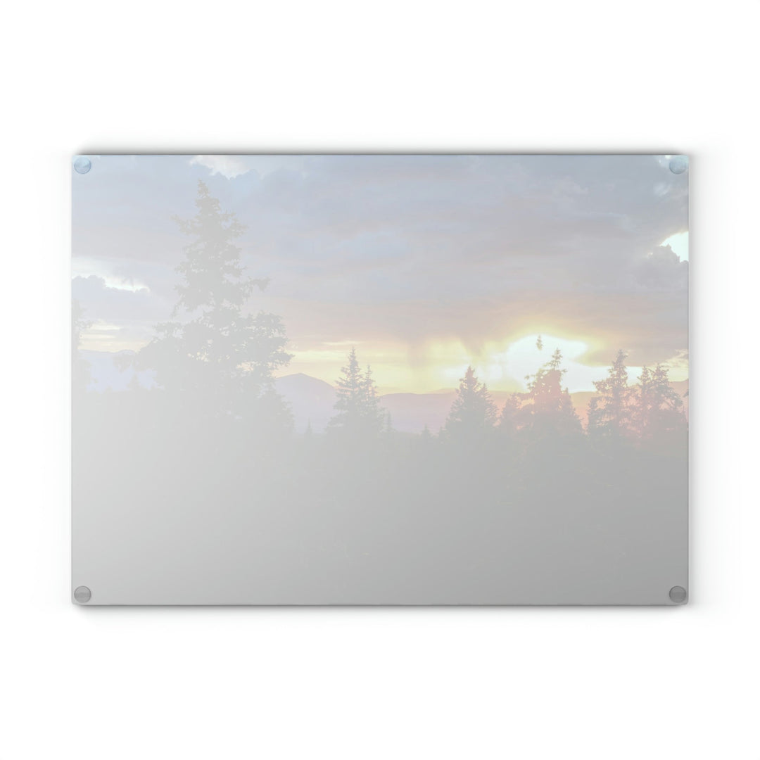 Rainy Sunset Through the Trees - Glass Cutting Board - Visiting This World