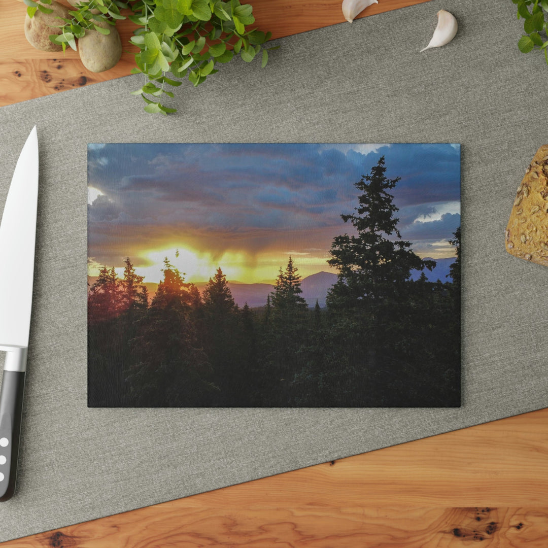 Rainy Sunset Through the Trees - Glass Cutting Board - Visiting This World