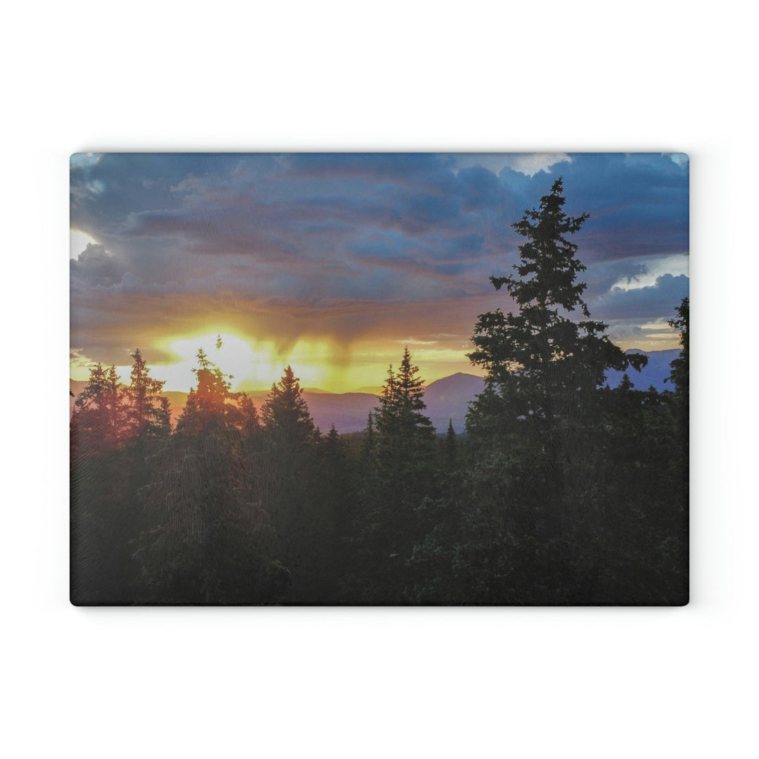 Rainy Sunset Through the Trees - Glass Cutting Board - Visiting This World