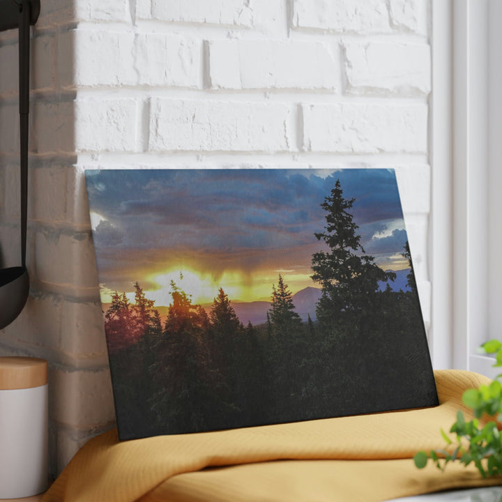 Rainy Sunset Through the Trees - Glass Cutting Board - Visiting This World