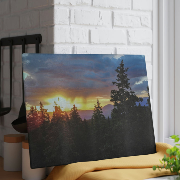 Rainy Sunset Through the Trees - Glass Cutting Board - Visiting This World