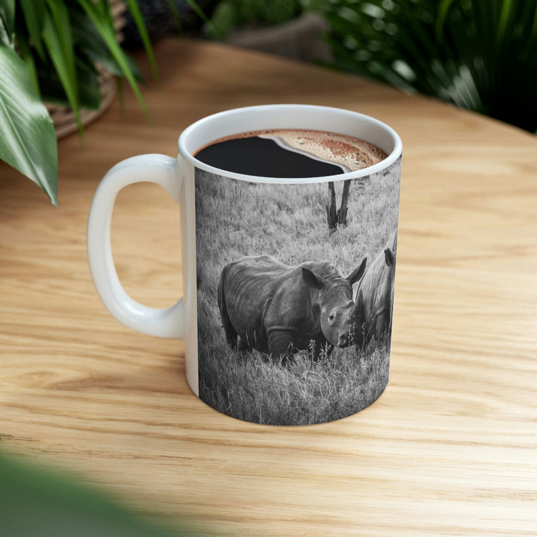 Rhino Family in Black and White - Ceramic Mug 11oz - Visiting This World