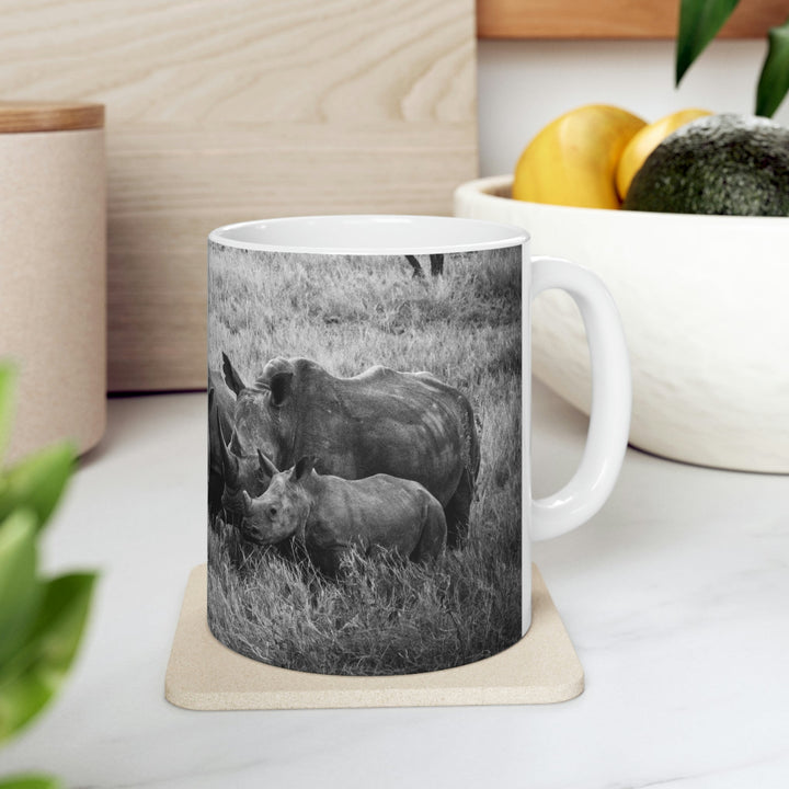 Rhino Family in Black and White - Ceramic Mug 11oz - Visiting This World