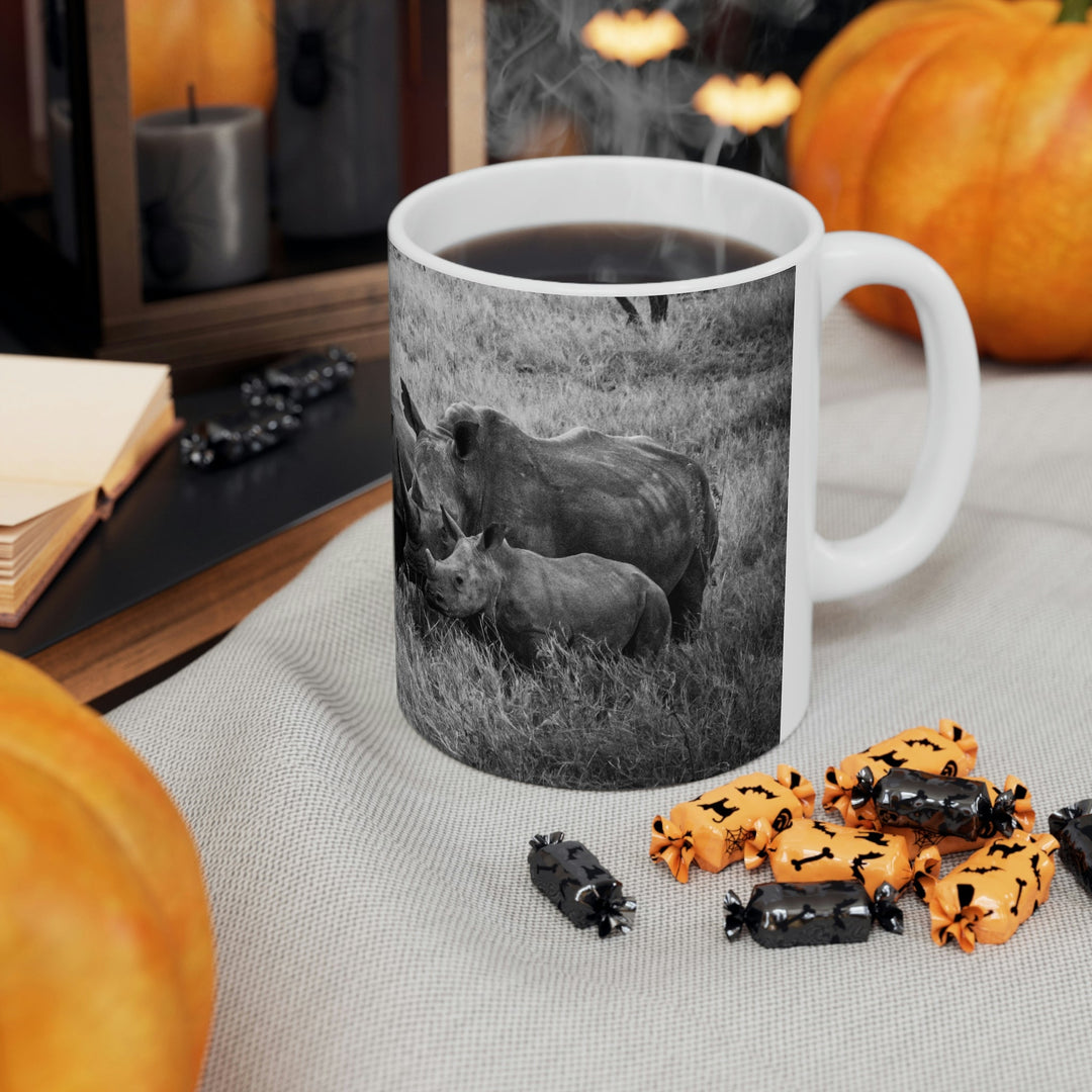 Rhino Family in Black and White - Ceramic Mug 11oz - Visiting This World