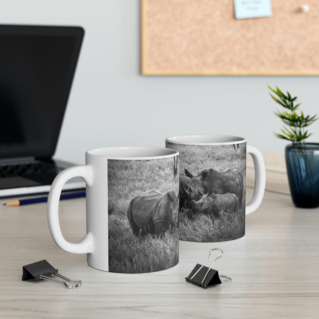 Rhino Family in Black and White - Ceramic Mug 11oz - Visiting This World