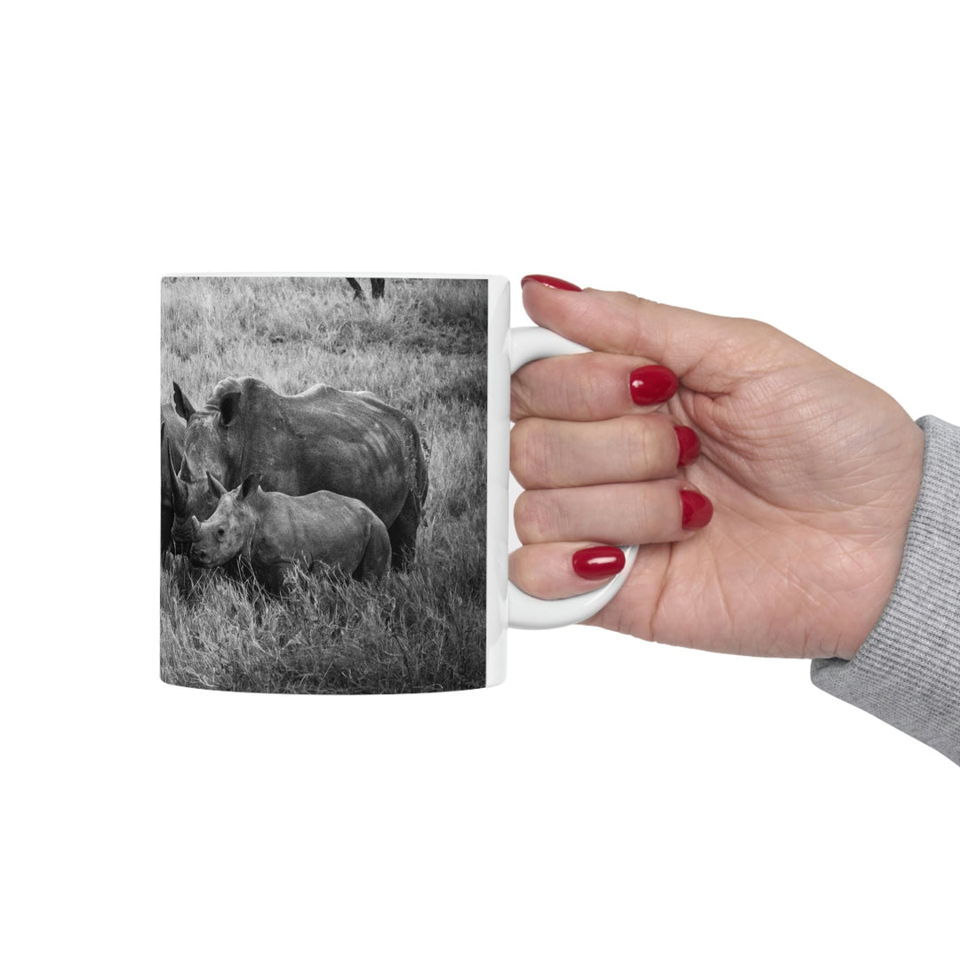 Rhino Family in Black and White - Ceramic Mug 11oz - Visiting This World