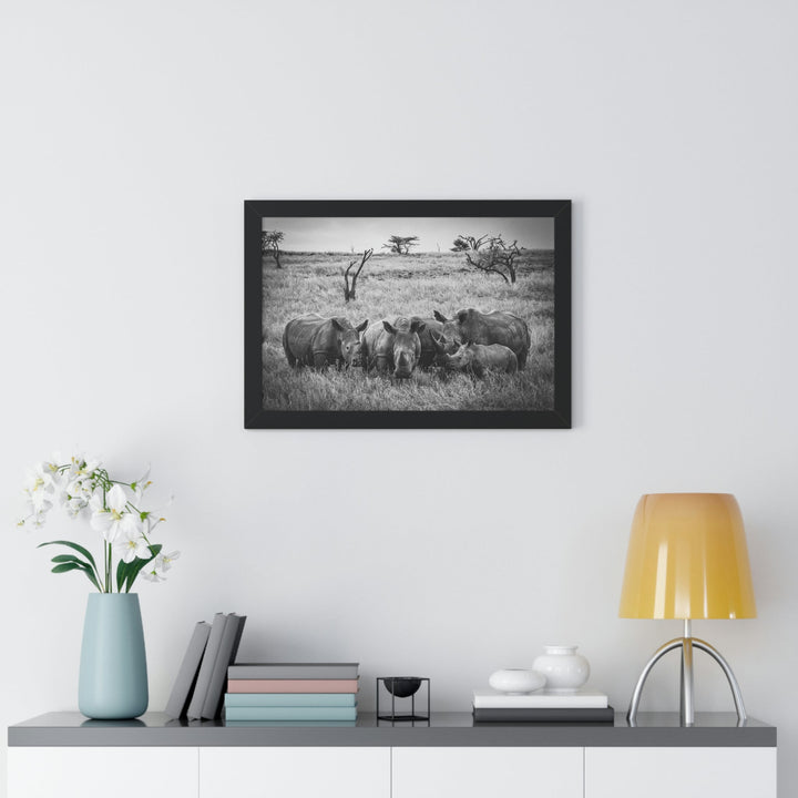 Rhino Family in Black and White - Framed Print - Visiting This World