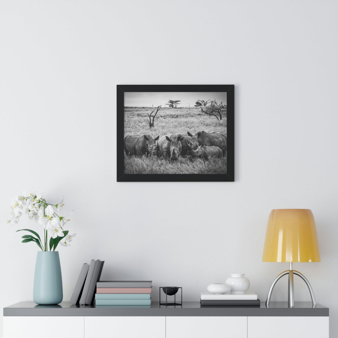 Rhino Family in Black and White - Framed Print - Visiting This World