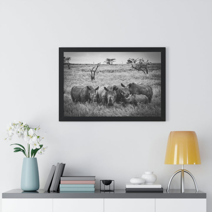 Rhino Family in Black and White - Framed Print - Visiting This World