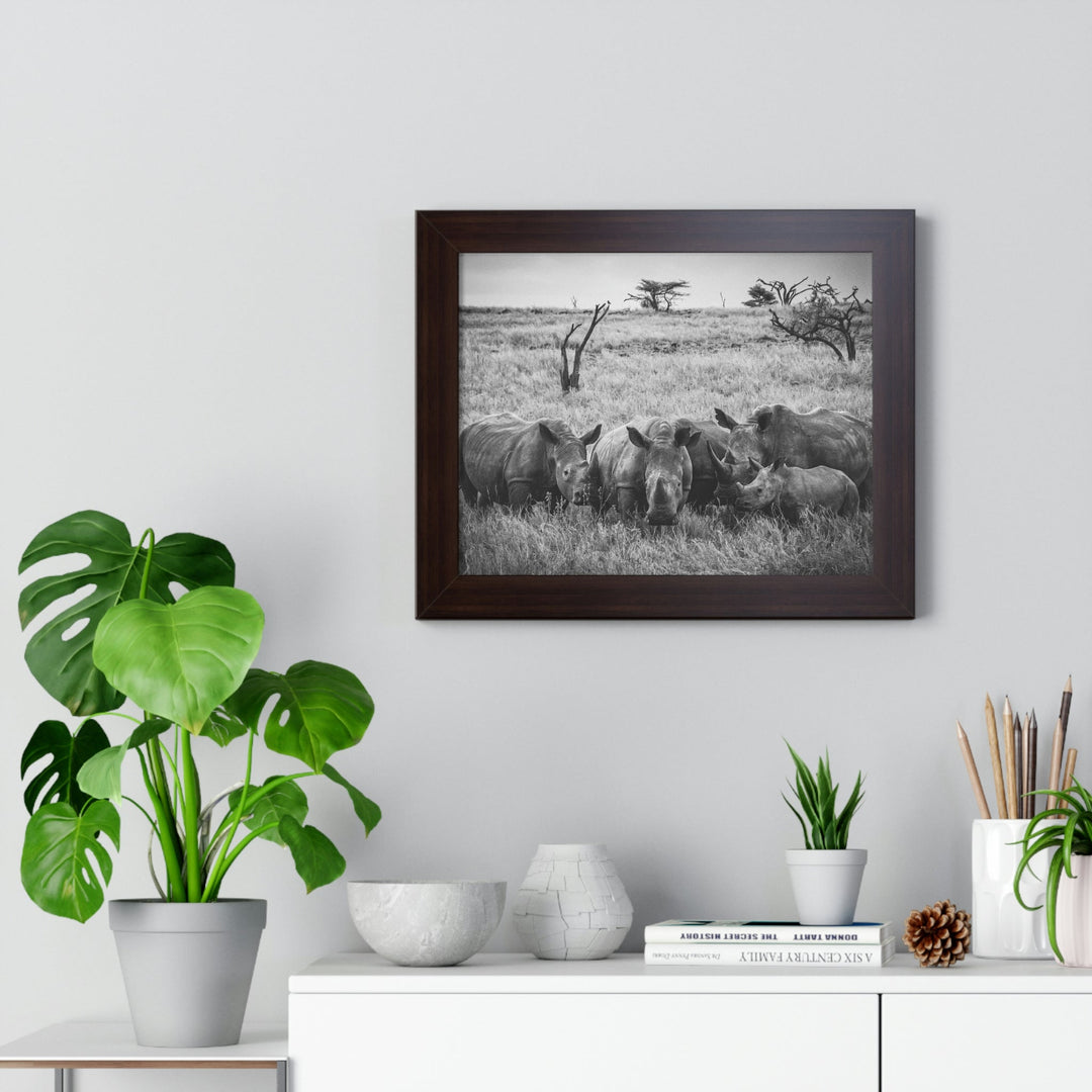 Rhino Family in Black and White - Framed Print - Visiting This World