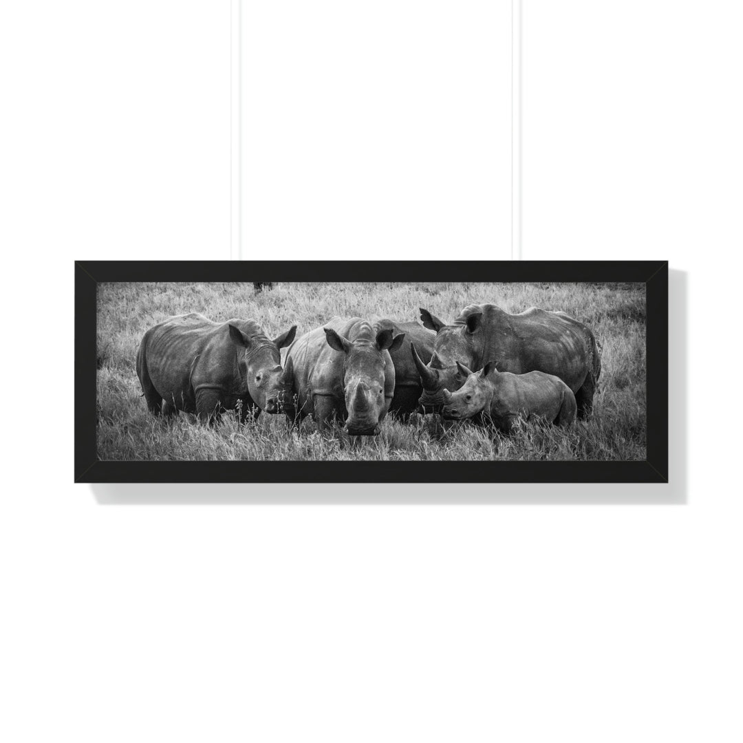 Rhino Family in Black and White - Framed Print - Visiting This World