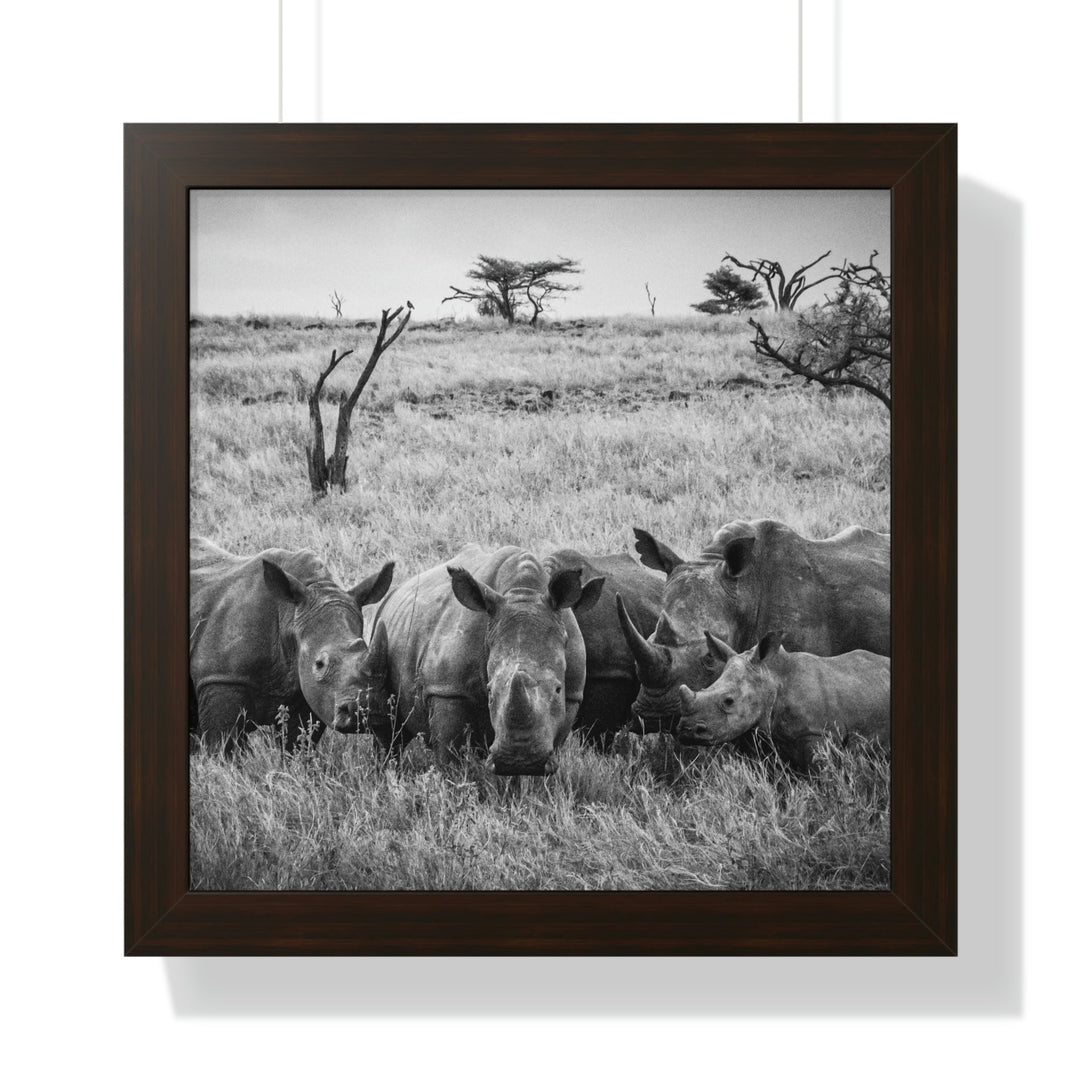 Rhino Family in Black and White - Framed Print - Visiting This World