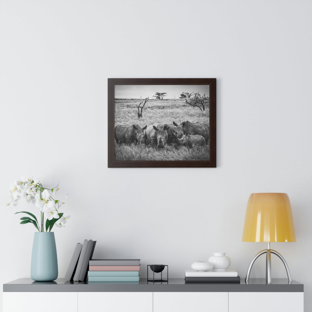 Rhino Family in Black and White - Framed Print - Visiting This World