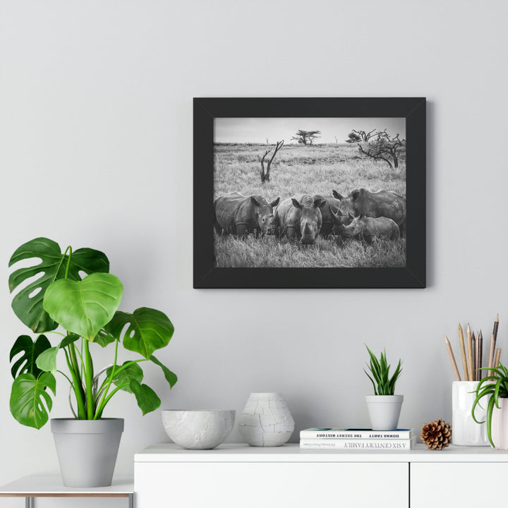 Rhino Family in Black and White - Framed Print - Visiting This World