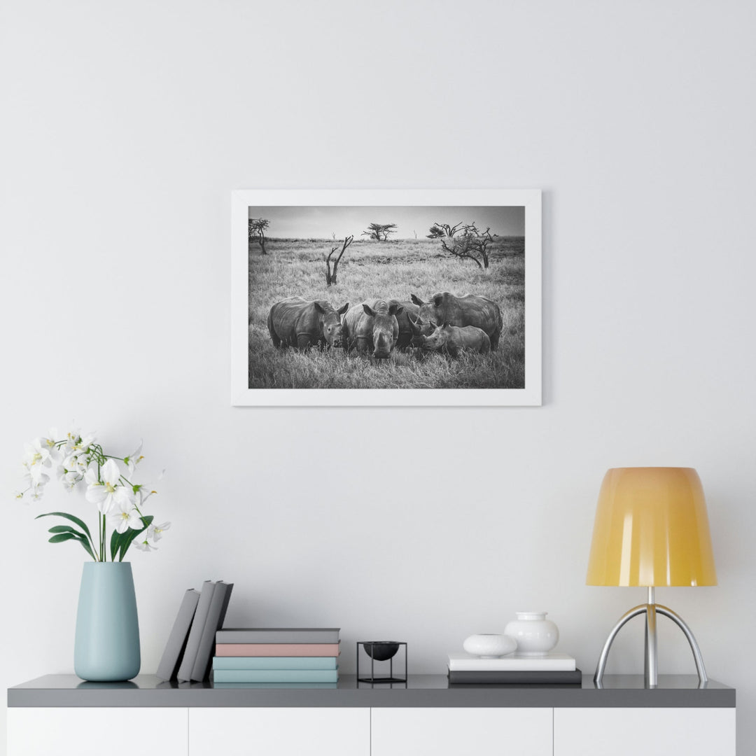 Rhino Family in Black and White - Framed Print - Visiting This World