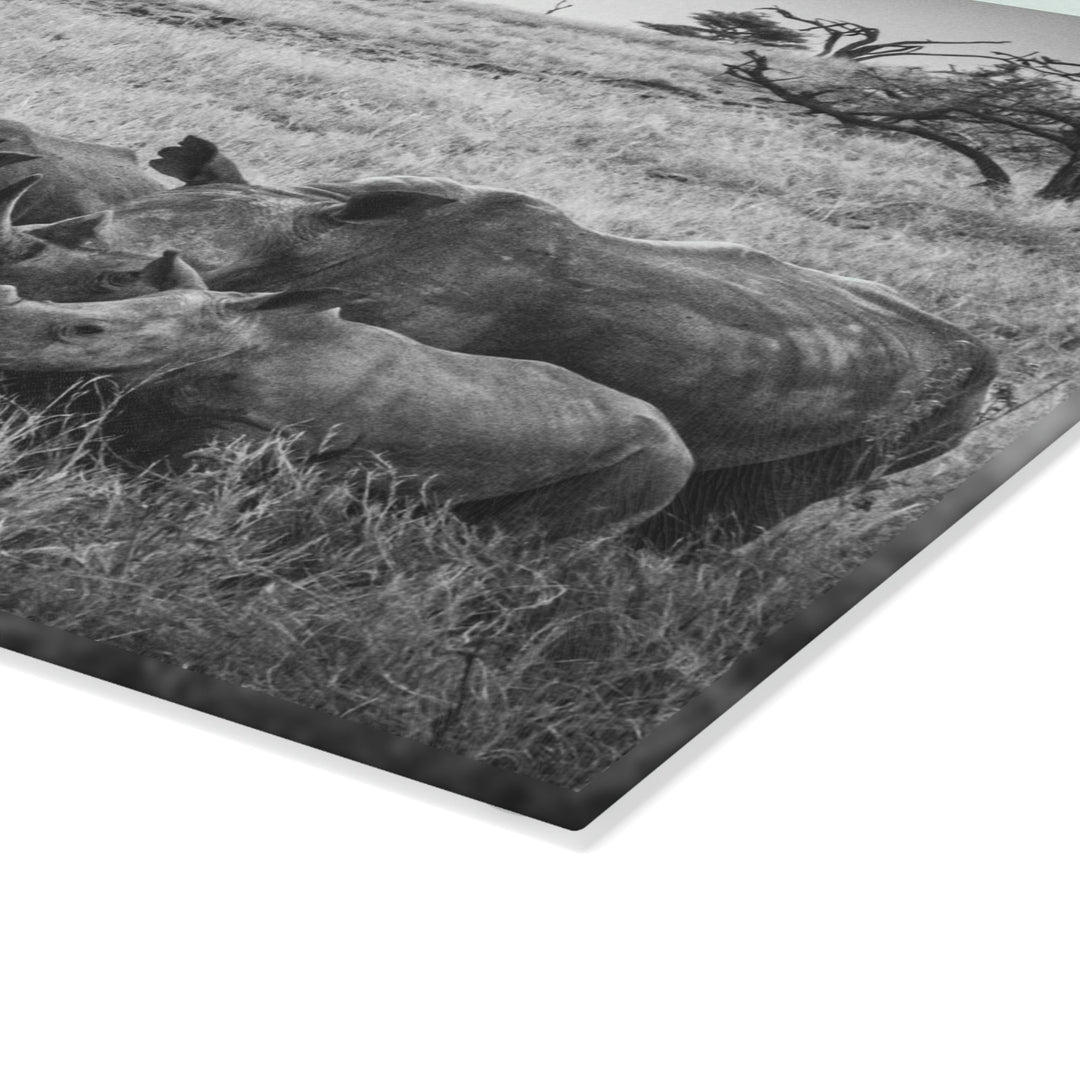 Rhino Family in Black and White - Glass Cutting Board - Visiting This World