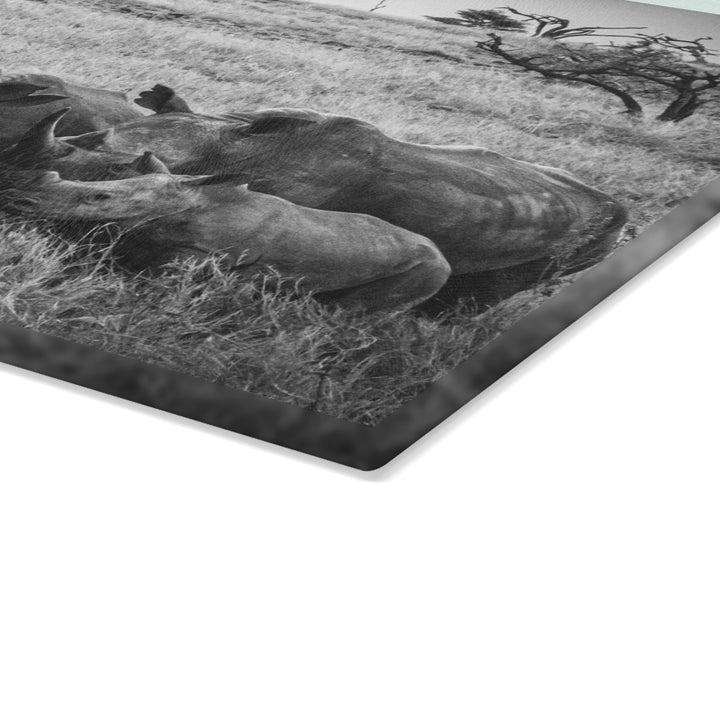 Rhino Family in Black and White - Glass Cutting Board - Visiting This World