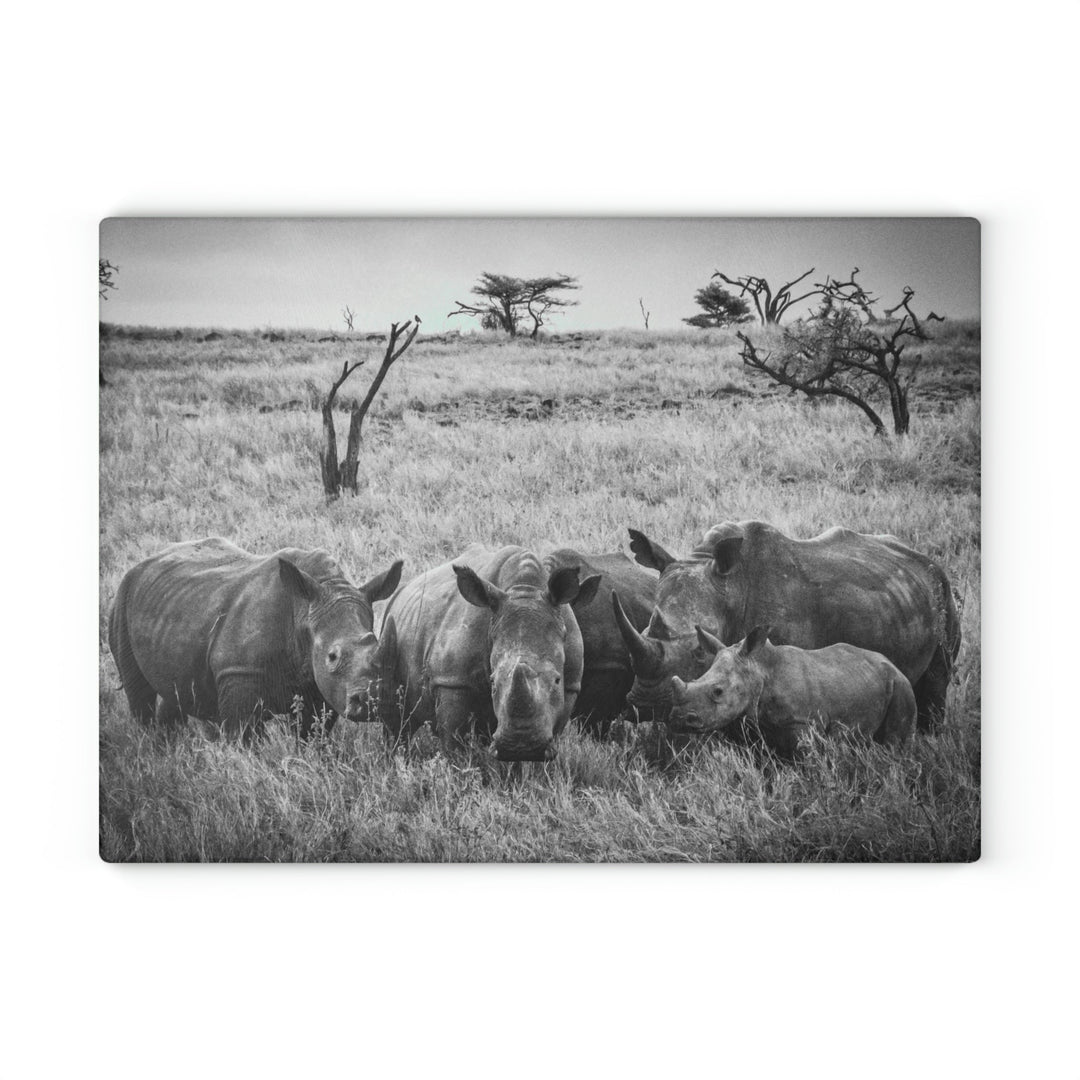 Rhino Family in Black and White - Glass Cutting Board - Visiting This World