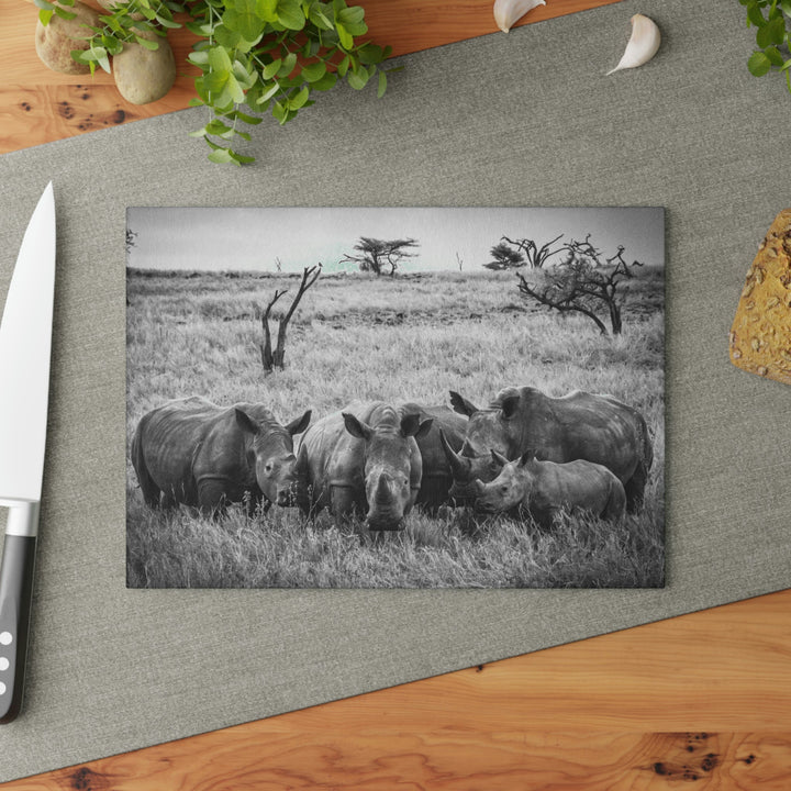 Rhino Family in Black and White - Glass Cutting Board - Visiting This World