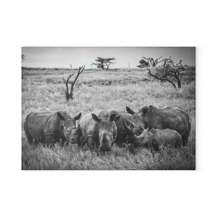 Rhino Family in Black and White - Glass Cutting Board - Visiting This World