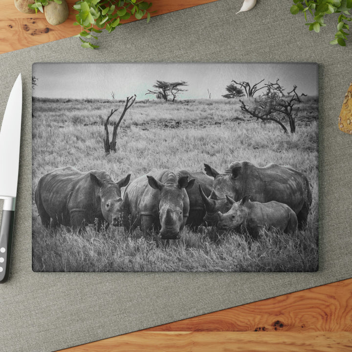 Rhino Family in Black and White - Glass Cutting Board - Visiting This World