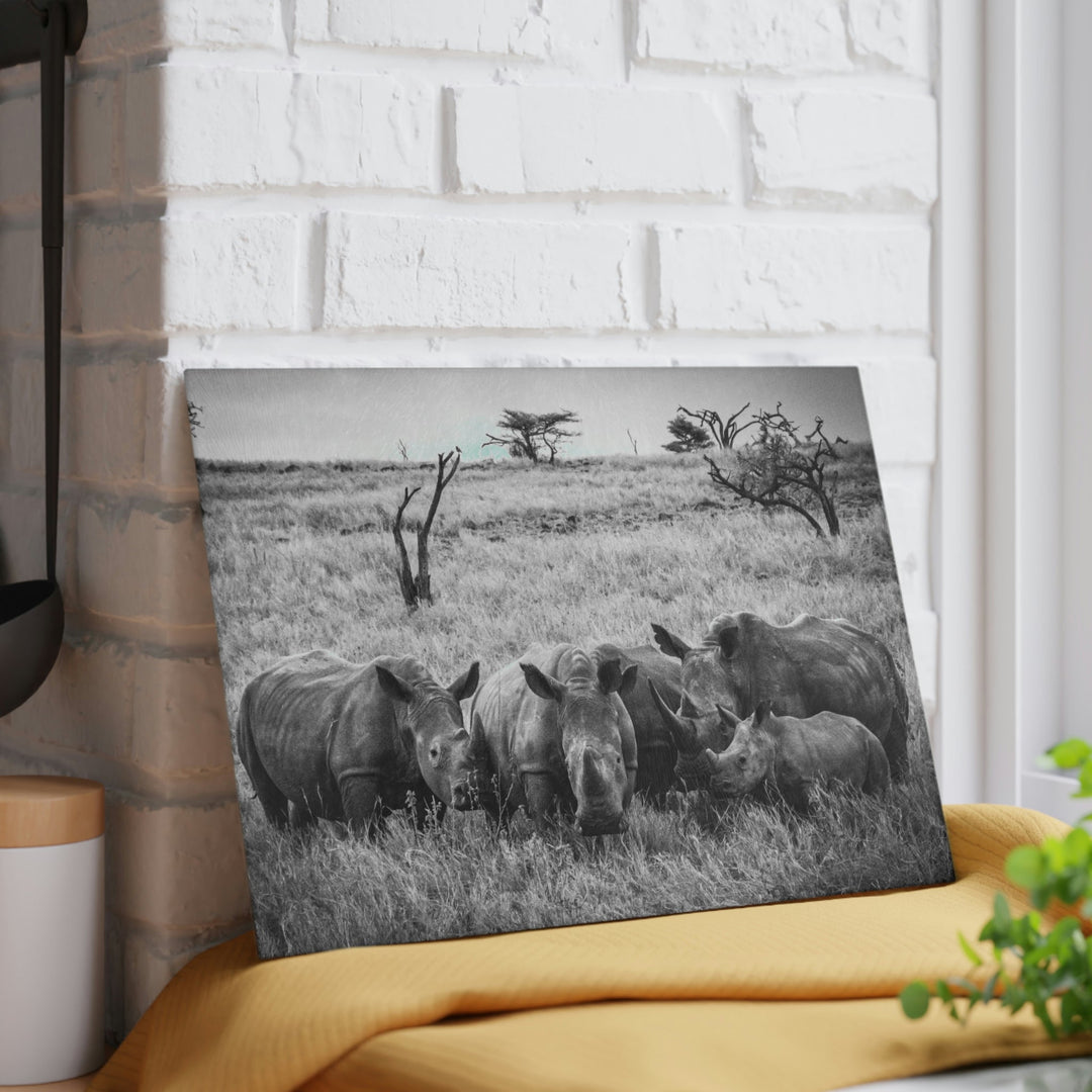 Rhino Family in Black and White - Glass Cutting Board - Visiting This World