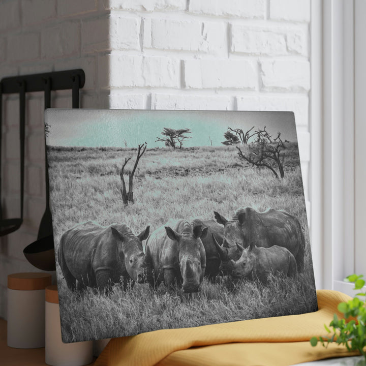 Rhino Family in Black and White - Glass Cutting Board - Visiting This World