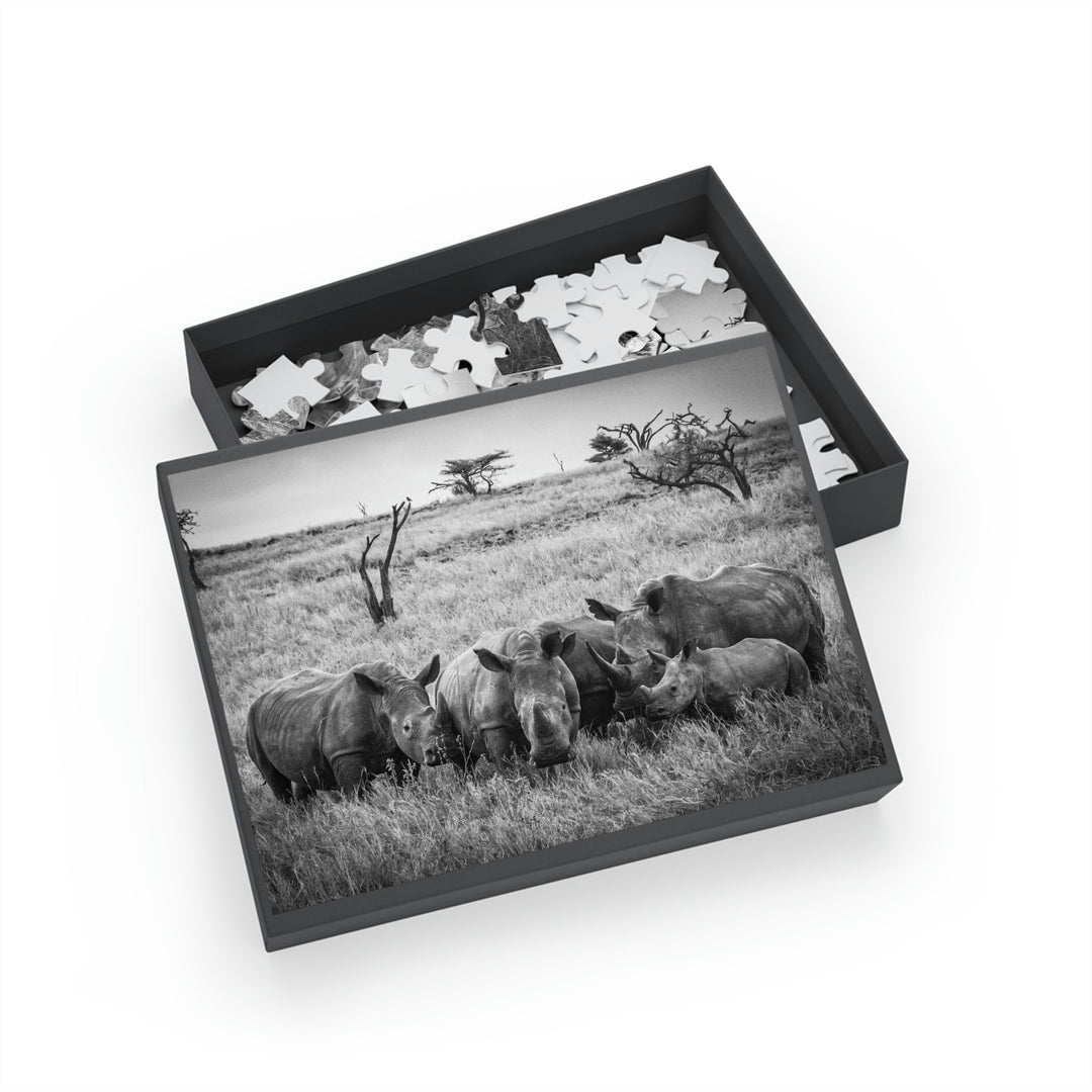 Rhino Family in Black and White - Nature Puzzle (96, 252, 500, 1000-Piece) - Visiting This World