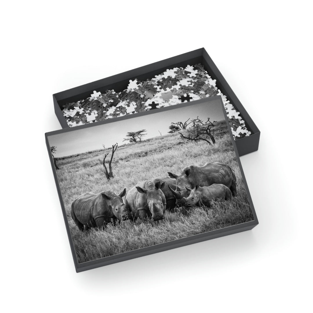 Rhino Family in Black and White - Nature Puzzle (96, 252, 500, 1000-Piece) - Visiting This World