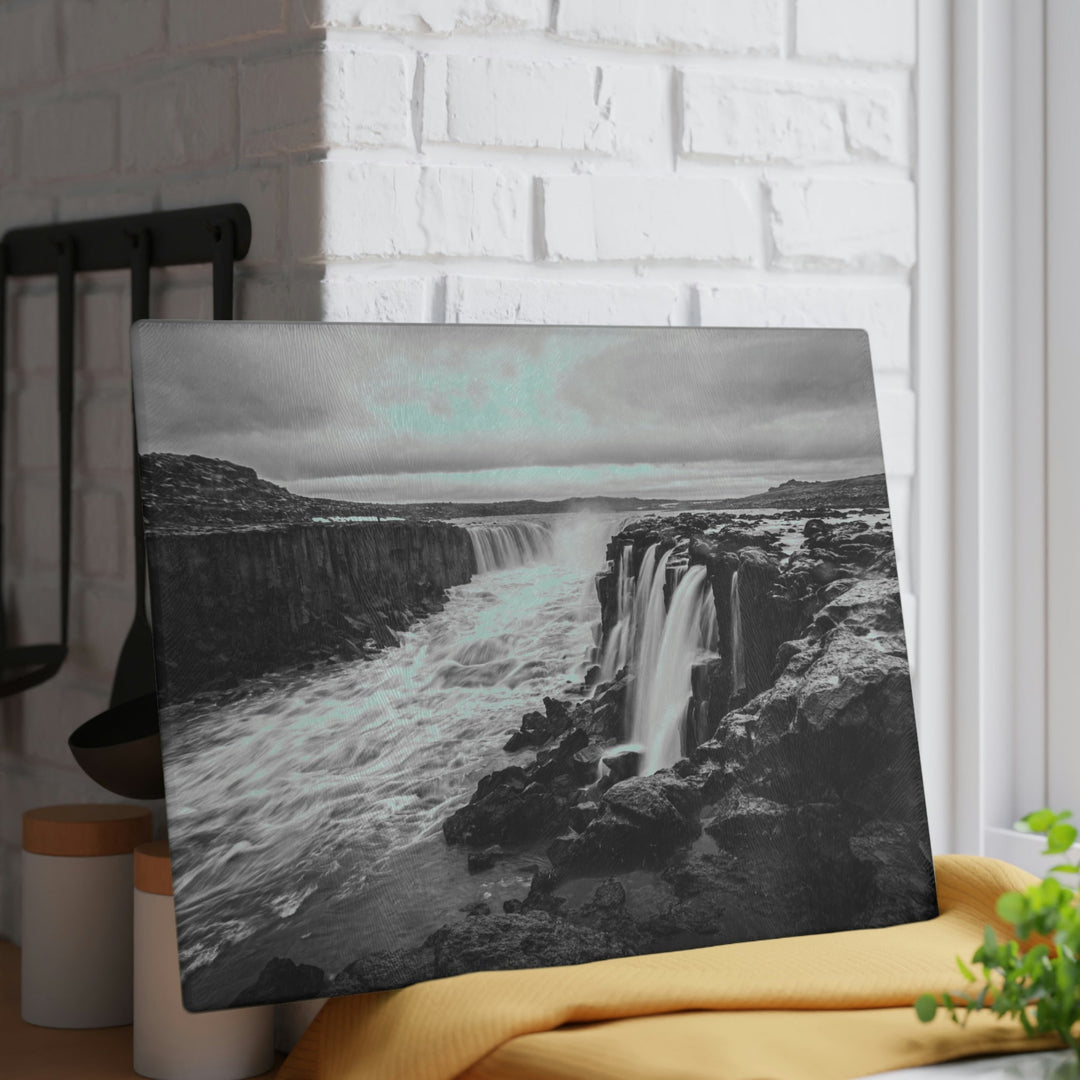 Selfoss in Black and White - Glass Cutting Board - Visiting This World