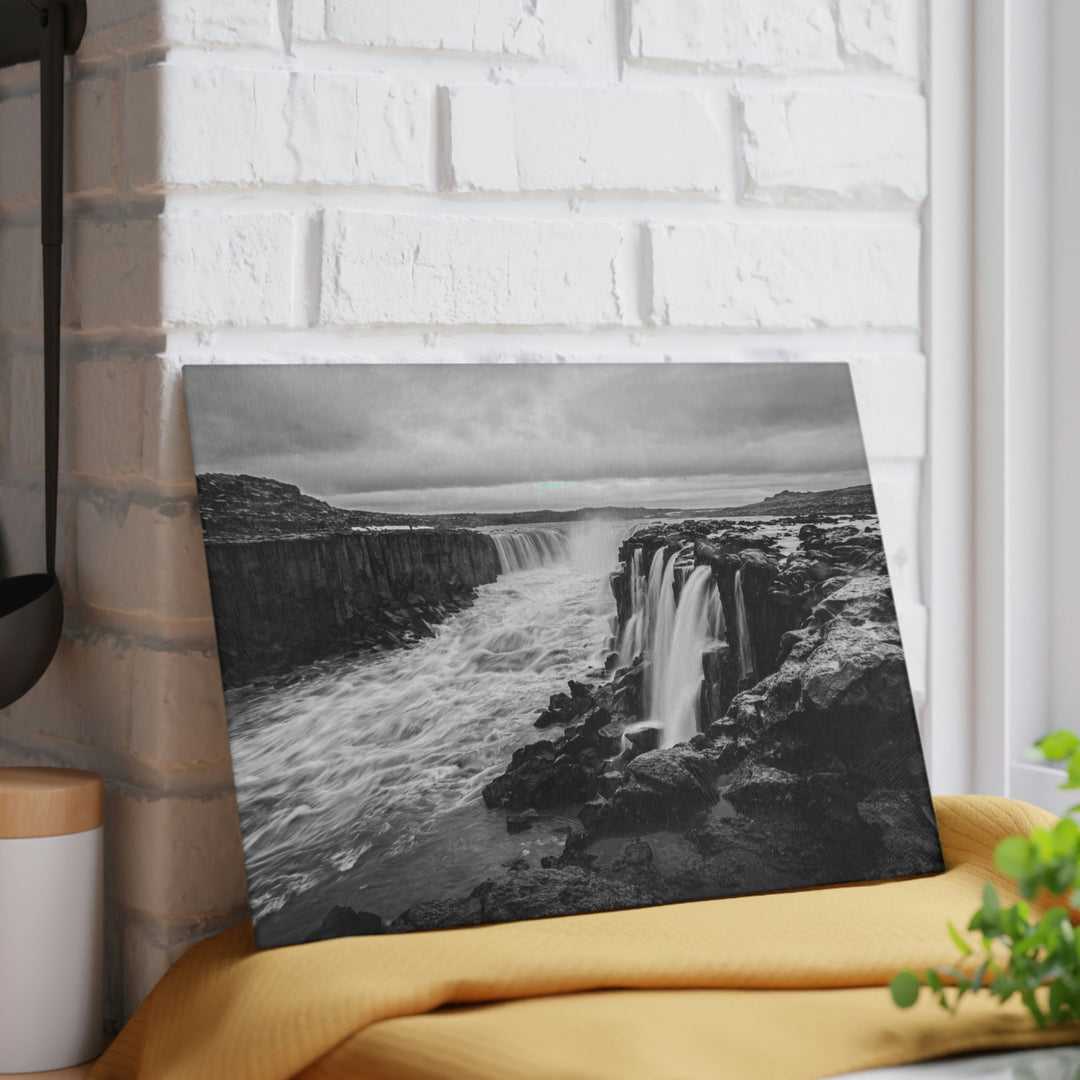 Selfoss in Black and White - Glass Cutting Board - Visiting This World