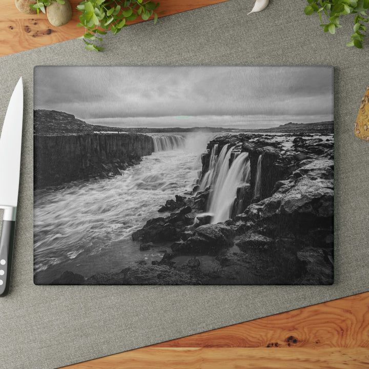 Selfoss in Black and White - Glass Cutting Board - Visiting This World