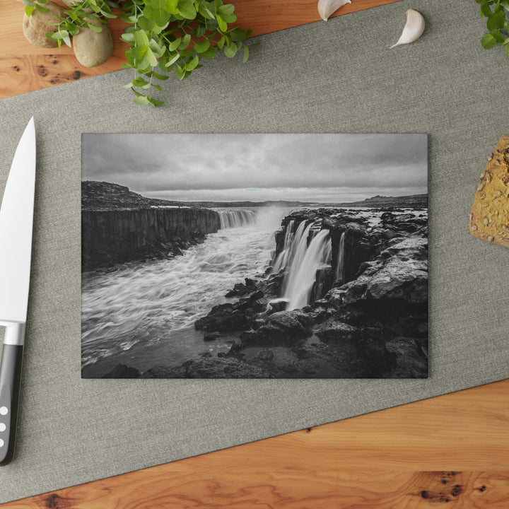 Selfoss in Black and White - Glass Cutting Board - Visiting This World