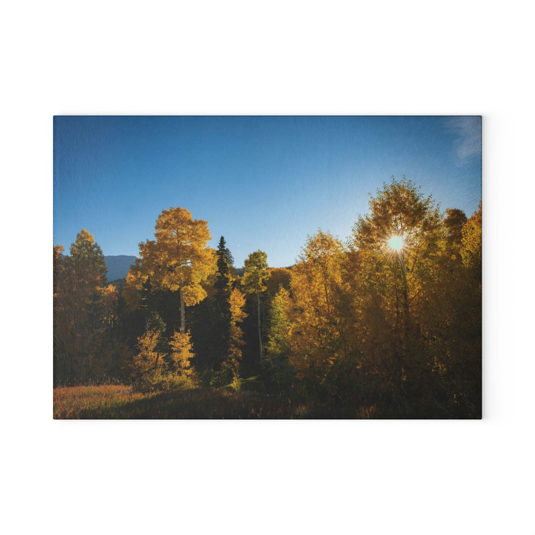 Sun Through the Aspens - Glass Cutting Board - Visiting This World