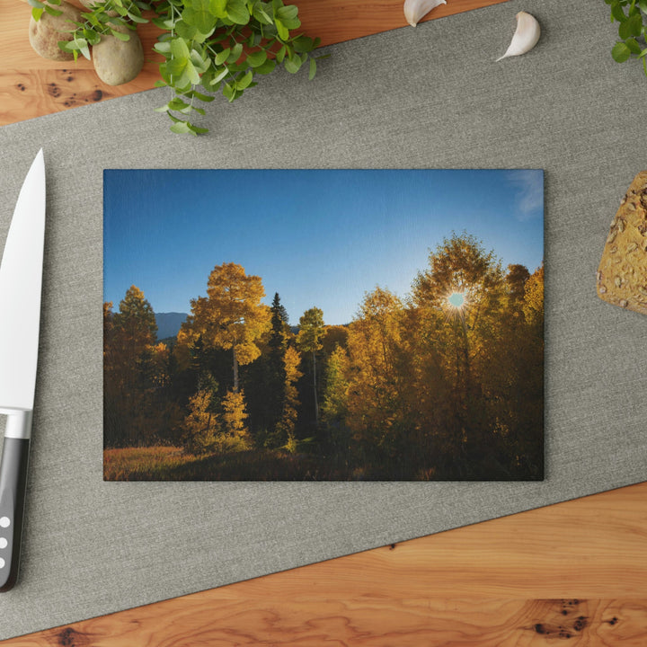 Sun Through the Aspens - Glass Cutting Board - Visiting This World