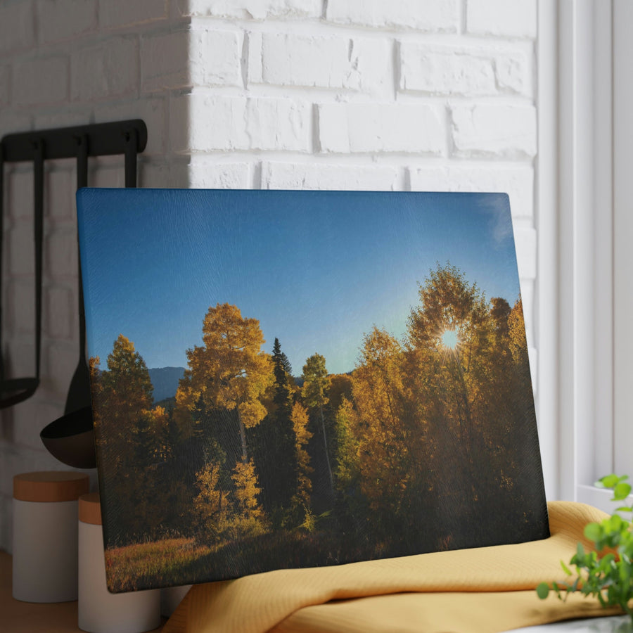 Sun Through the Aspens - Glass Cutting Board - Visiting This World