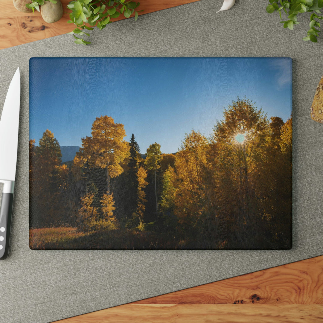 Sun Through the Aspens - Glass Cutting Board - Visiting This World