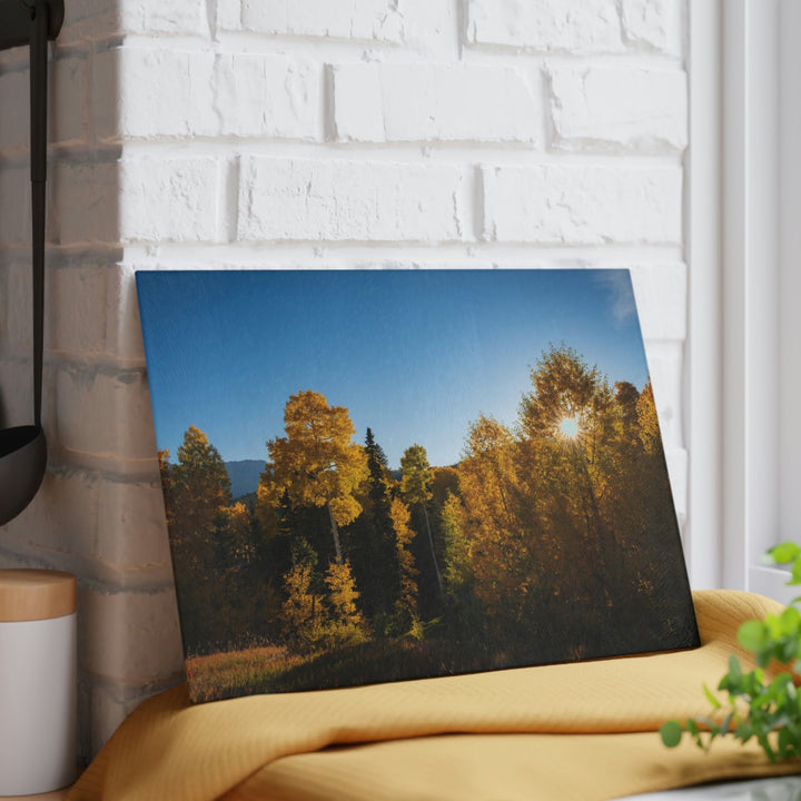 Sun Through the Aspens - Glass Cutting Board - Visiting This World