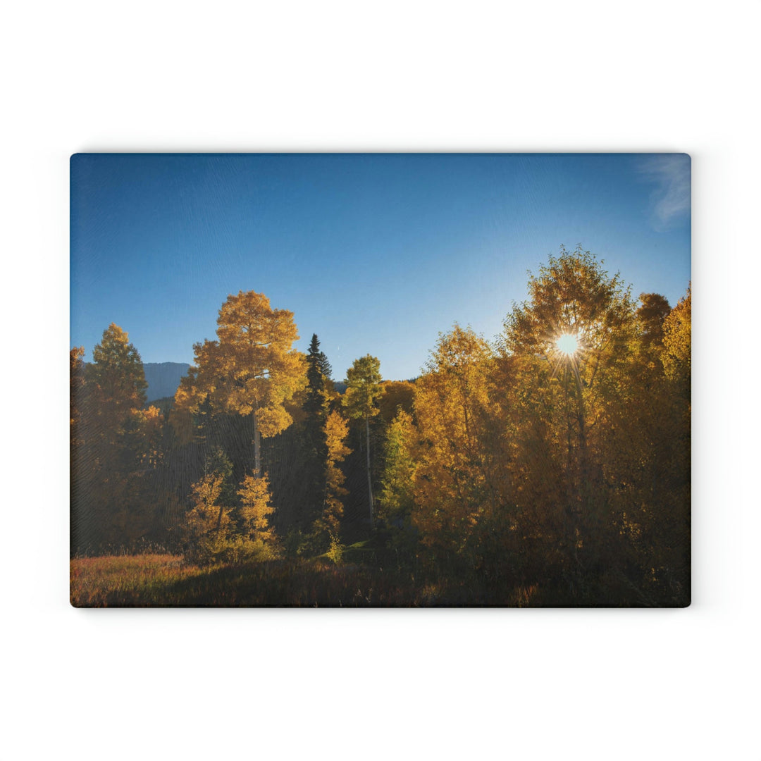 Sun Through the Aspens - Glass Cutting Board - Visiting This World