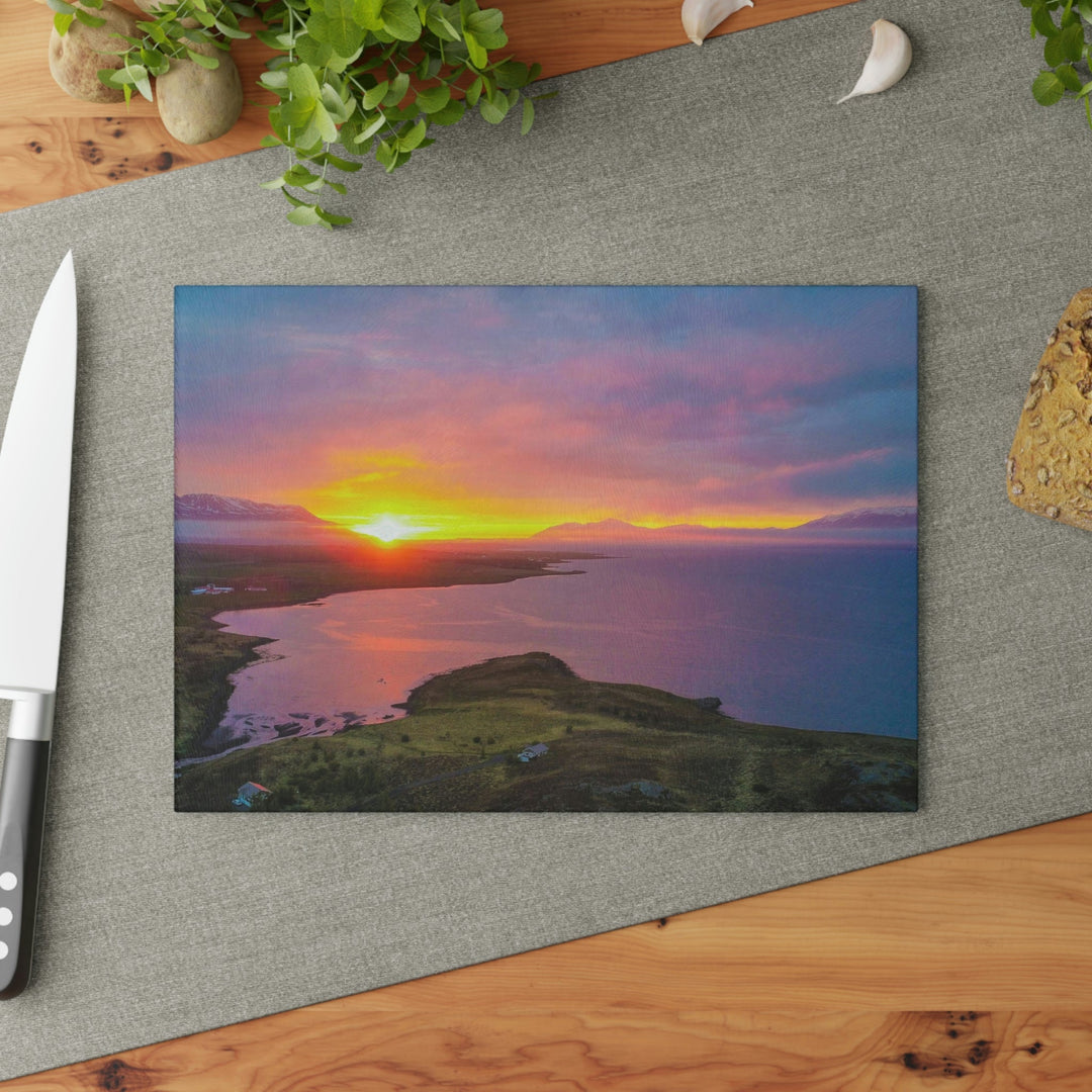 Sunset Over the Fjord Part 1 - Glass Cutting Board - Visiting This World