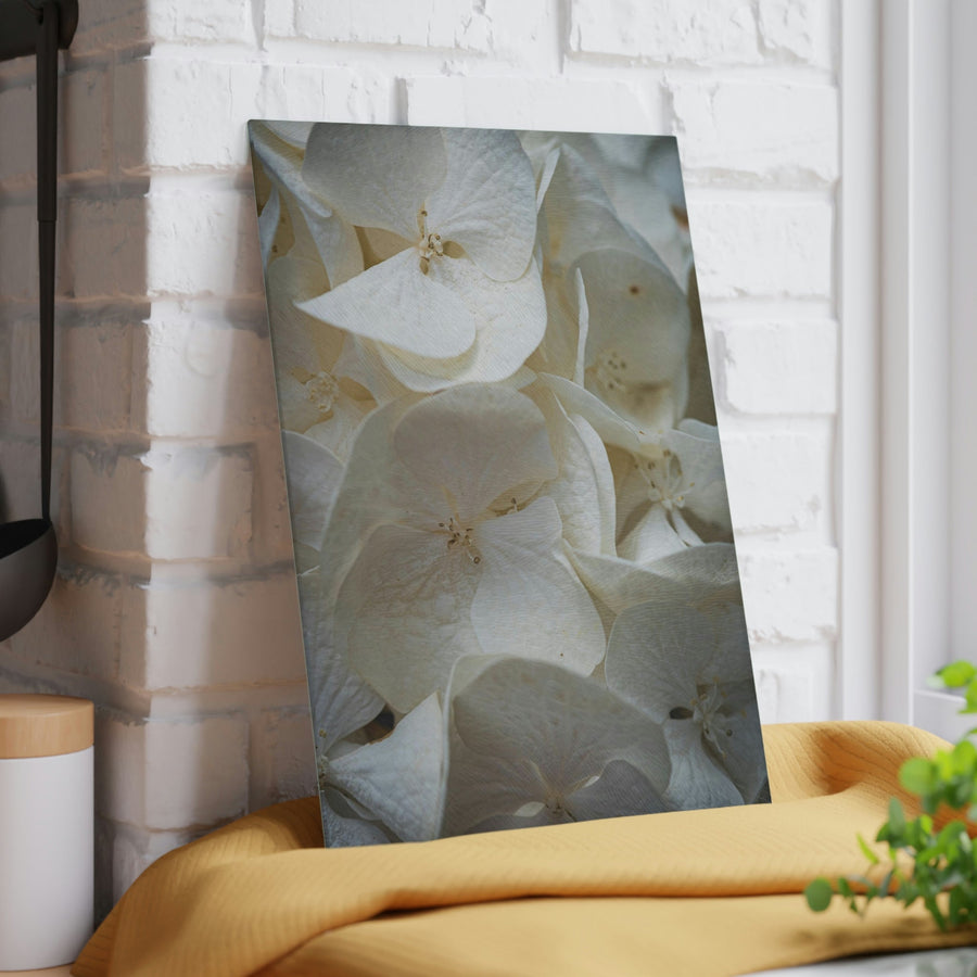 White Hydrangea Detail - Glass Cutting Board - Visiting This World