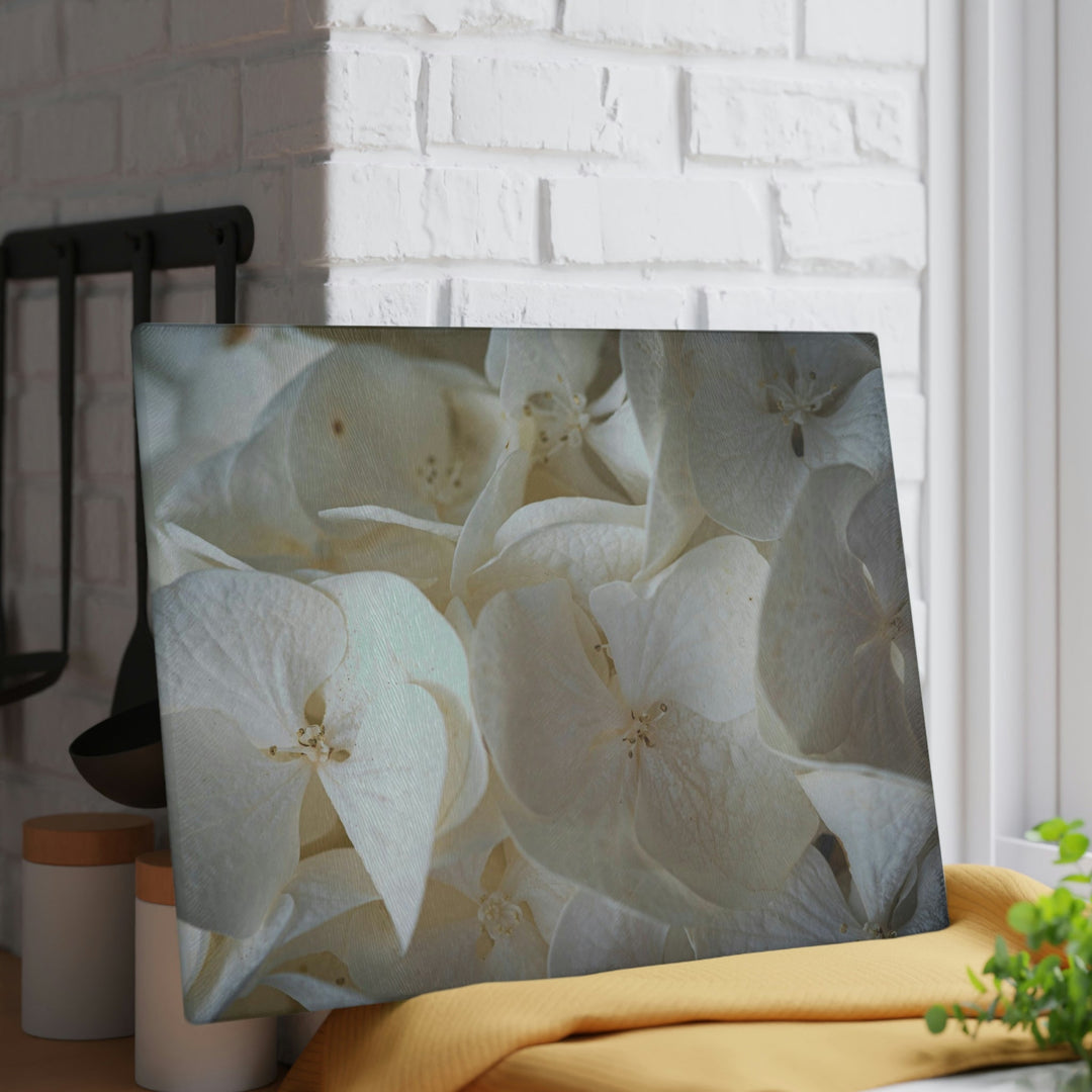 White Hydrangea Detail - Glass Cutting Board - Visiting This World