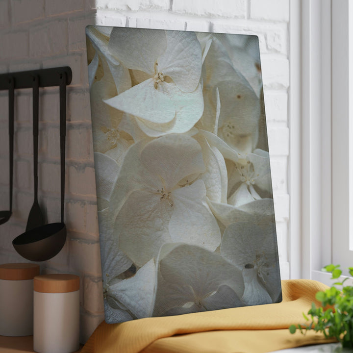 White Hydrangea Detail - Glass Cutting Board - Visiting This World