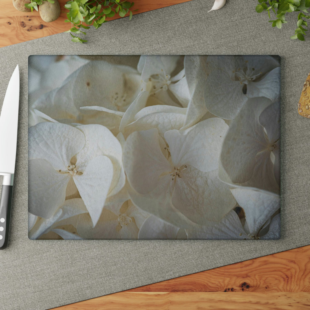 White Hydrangea Detail - Glass Cutting Board - Visiting This World