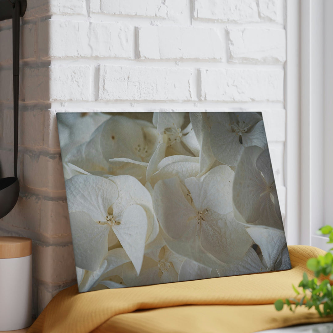 White Hydrangea Detail - Glass Cutting Board - Visiting This World