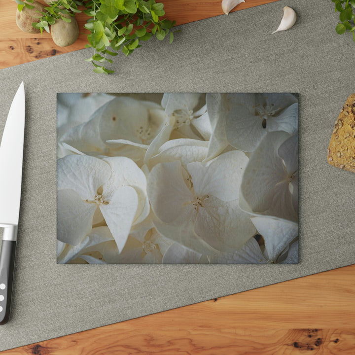 White Hydrangea Detail - Glass Cutting Board - Visiting This World