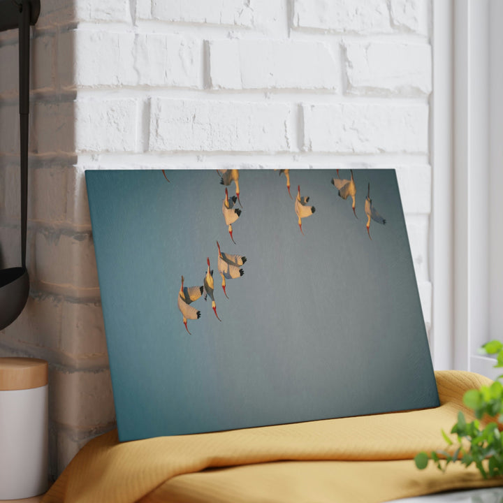 White Ibis in Flight - Glass Cutting Board - Visiting This World