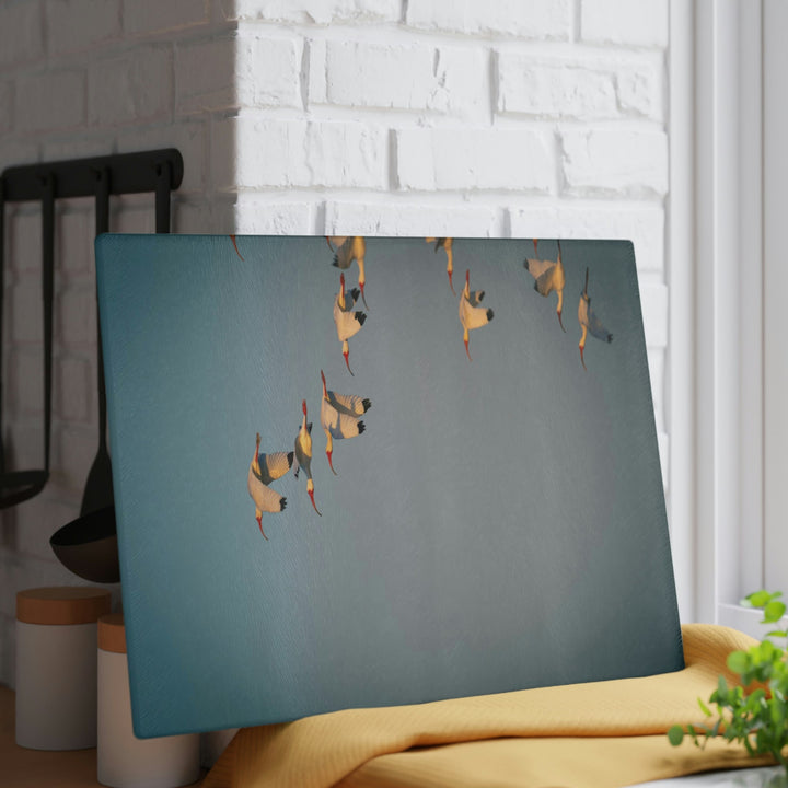 White Ibis in Flight - Glass Cutting Board - Visiting This World