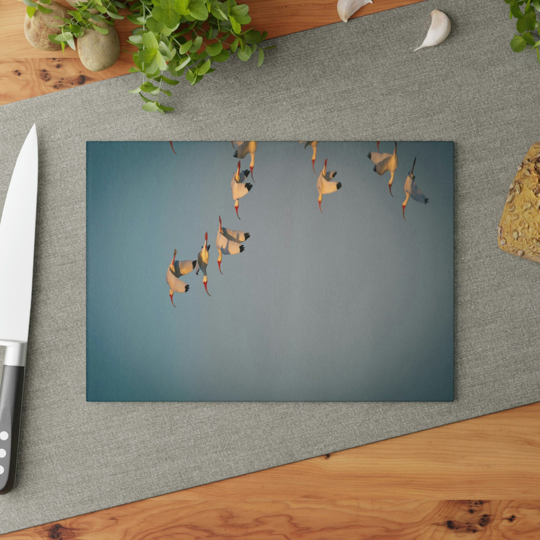 White Ibis in Flight - Glass Cutting Board - Visiting This World